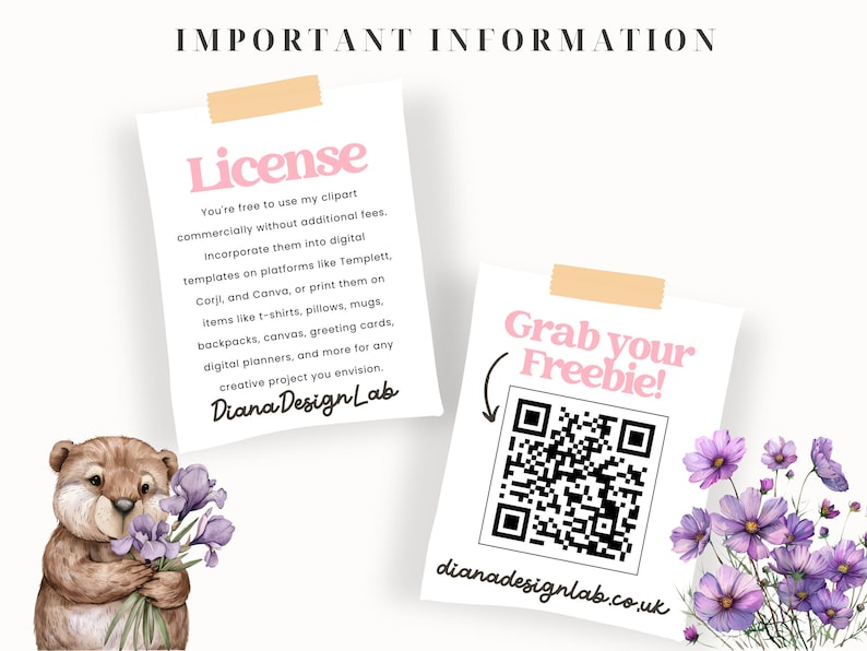 Puede incluir: Una tarjeta rosa y blanca con el texto "License" e informaci&oacute;n sobre el uso comercial de clipart. Una segunda tarjeta con el texto "Grab your Freebie!" y un c&oacute;digo QR. El texto "dianadesignlab.co.uk" est&aacute; debajo del c&oacute;digo QR. Una ilustraci&oacute;n de dibujos animados de un oso marr&oacute;n sosteniendo un ramo de flores moradas.
