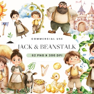 Jack and the Beanstalk Clipart, Watercolor Fairy Tale Graphics, Kids Crafts, Storybook, Nursery Decor, Baby Shower, Birthday, Commercial Use