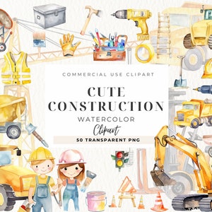 Clipart construction, aquarelle camion de construction clipart, panneaux de construction, fête de la construction, fichiers PNG construction, baby shower
