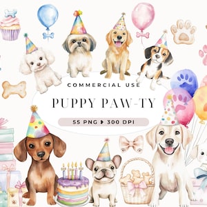 Süße Hunde Clipart Geburtstagsparty, sofortiger Download, Aquarell Welpen Clipart, Welpe Geburtstag, Rassen Bundle, Einladung
