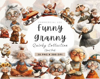 Funny Granny Clipart, Junk Journal, Grandma, Grandpa, Digital Paper Crafts, Funny Cartoon Grandmother, Quirky Images, Commercial Use