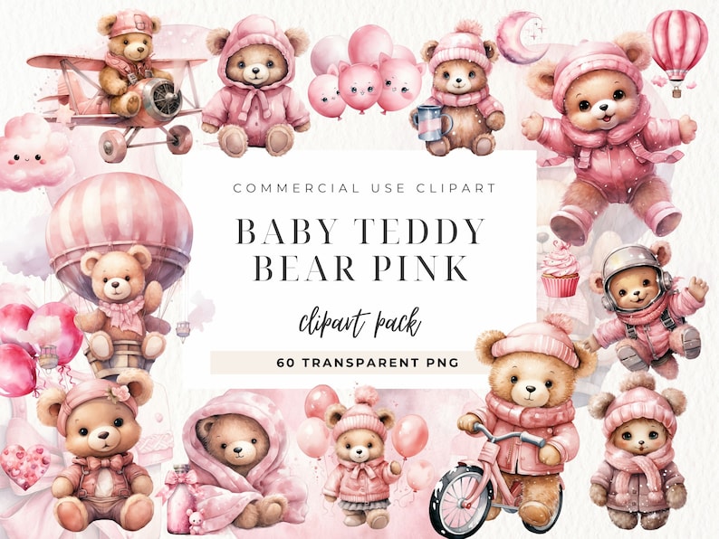 Watercolor Teddy Bear Clip Art Clipart Pack, Baby Shower for a Girl ...