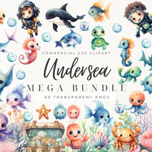 Onderzeese aquarel clipart, schattige oceaan dieren PNG, baby shower uitnodiging decor, Instant Download, zee clipart, kunst aan de muur, commercieel gebruik