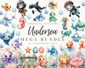 Undersea Watercolor Clipart, Cute Ocean Animals Png, Baby Shower Invitation Decor, Instant Download, Sea Clipart, Wall Art, Commercial Use