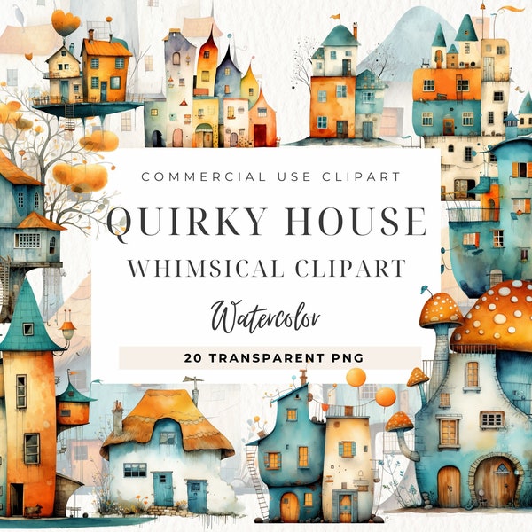 Quirky House Clipart, Whimsical Houses PNG Clipart paper craft, junk journal elements vintage, quirky media printable, Commercial Use