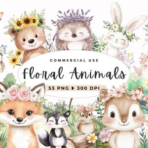 Clipart animaux floraux printaniers, forêt de printemps, clipart floral printanier, décoration de chambre d'enfant, bébé mignon, ours, renard, tamia, graphiques numériques pour enfants