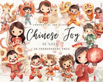 Chinesisches Neujahr Aquarell Clipart: Drache, Löwe Tanzen (digitaler Download)