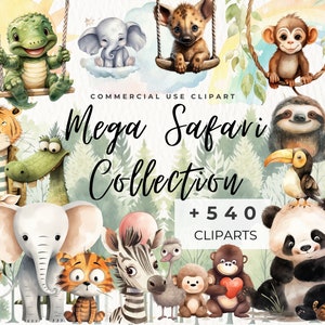 Lot de cliparts animaux de safari, usage commercial, drôle d'animal de safari, original, bébés de la jungle aquarelle, décoration de chambre de bébé, baby shower, art mural