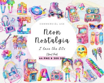 Uwielbiam clipart lat 80., pobieranie cyfrowe, kaseta magnetofonowa, pakiet neonowych clipartów z lat 80., natychmiastowe pobieranie, klimat imprezy tematycznej Y2K Retro Nostalgia