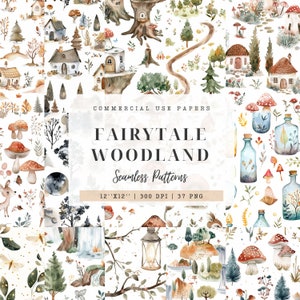 Carta digitale da favola nel bosco, senza soluzione di continuità, creazione di biglietti, download digitale, kit diario spazzatura, uso commerciale, animali incantati, album di ritagli
