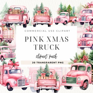Rosa Weihnachtstrucks Clipart, Weihnachten Clip Art, digitaler Download, Weihnachtsbaum, Sublimation Designs Download, Aquarell Winter Clipart