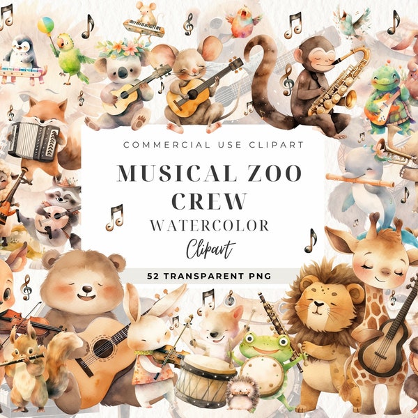 Musical Animals Clipart, Musical Instrument, Digital Ar, Band Player Clip Art, Music Notes Png, Musical Safari, Birthday, Nursery Decor