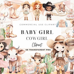 Clipart Cowgirl per bambina, ClipArt di cavallo per bambino, Baby Shower ad acquerello, File di stampa File di taglio, Stivali da cowboy, Png del selvaggio West, Cavallo, Commerciale