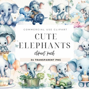 Clipart de elefante bebê menino, chá de bebê, elefante fofo com balões, download instantâneo, arte de berçário, camisa de bebê, elefante de berçário, animal bebê