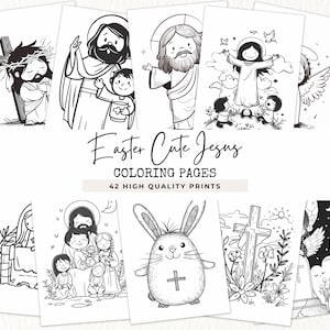 Puede incluir: P&aacute;ginas para colorear en blanco y negro con lindas ilustraciones de Jes&uacute;s para Pascua. Las p&aacute;ginas incluyen im&aacute;genes de Jes&uacute;s con ni&ntilde;os, Jes&uacute;s en la cruz y Jes&uacute;s con &aacute;ngeles. El texto "Easter Cute Jesus Coloring Pages 42 High Quality Prints" est&aacute; en la parte superior de la imagen.