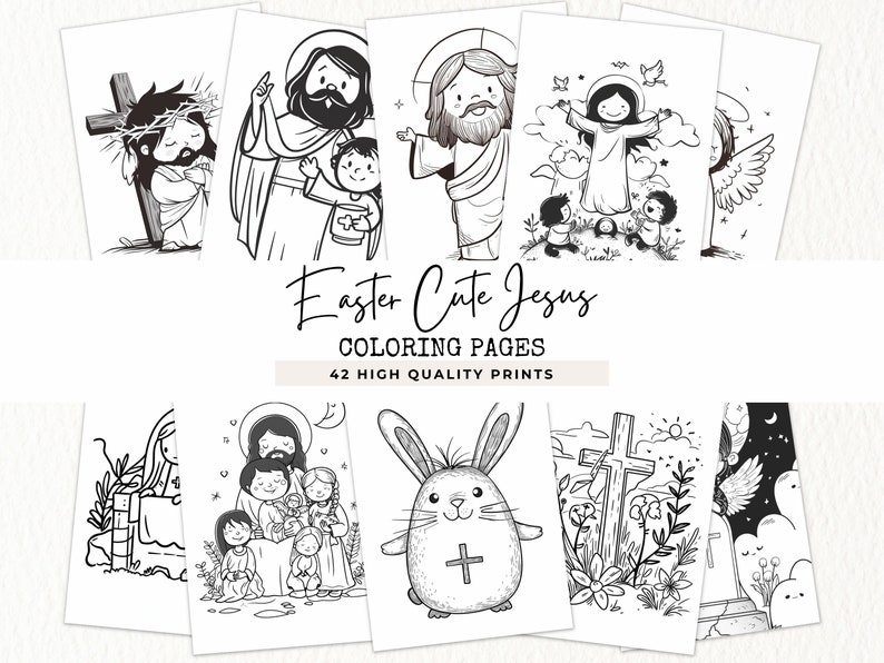 Puede incluir: P&aacute;ginas para colorear en blanco y negro con lindas ilustraciones de Jes&uacute;s para Pascua. Las p&aacute;ginas incluyen im&aacute;genes de Jes&uacute;s con ni&ntilde;os, Jes&uacute;s en la cruz y Jes&uacute;s con &aacute;ngeles. El texto "Easter Cute Jesus Coloring Pages 42 High Quality Prints" est&aacute; en la parte superior de la imagen.