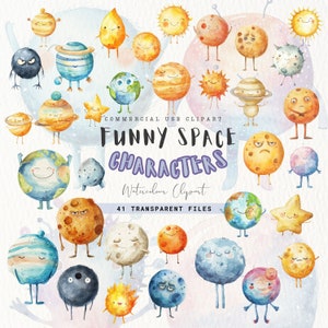 Clipart espace drôle, planètes mignonnes aquarelles, système solaire, clipart galaxie, téléchargement numérique instantané, art numérique, graphiques Png de l'espace