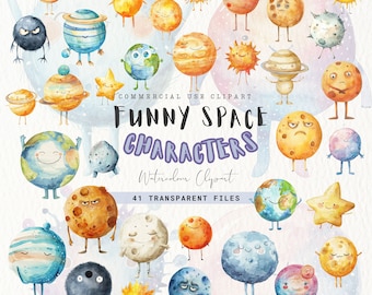Funny Space Clipart, Watercolor Cute Planets, Solar System, Galaxy Clip Art, Instant Digital Download, Digital Art, Outer Space Png Graphics