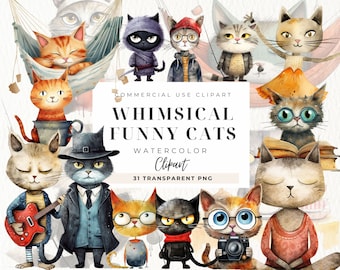 Quirky Cat Clipart, Whimsical Cats Clip art, Kawaii Cat, Quirky Cat Digital, Cute Cat Portraits, Commercial Use, Planner Clipart, Funny Cats