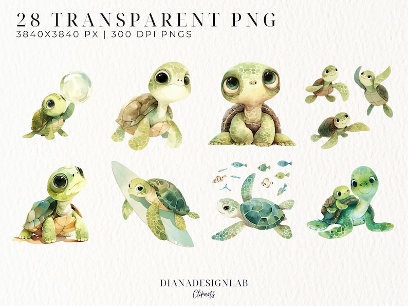 Pu&ograve; includere: Un set di 28 illustrazioni digitali di tartarughe marine di cartoni animati carine in varie pose. Le tartarughe sono verdi e hanno occhi grandi. Alcune tartarughe tengono bolle, cavalcano tavole da surf o nuotano con i pesci. Le illustrazioni sono perfette per aggiungere un tocco di fantasia ai tuoi progetti.