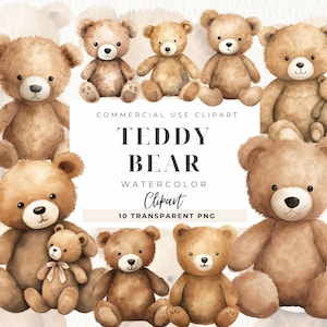 Teddy Bear Aquarelle Clipart, Boho Nursery Clip Art, Téléchargement numérique, Baby Shower Anniversaire, Art mural, Décor de pépinière, Utilisation commerciale