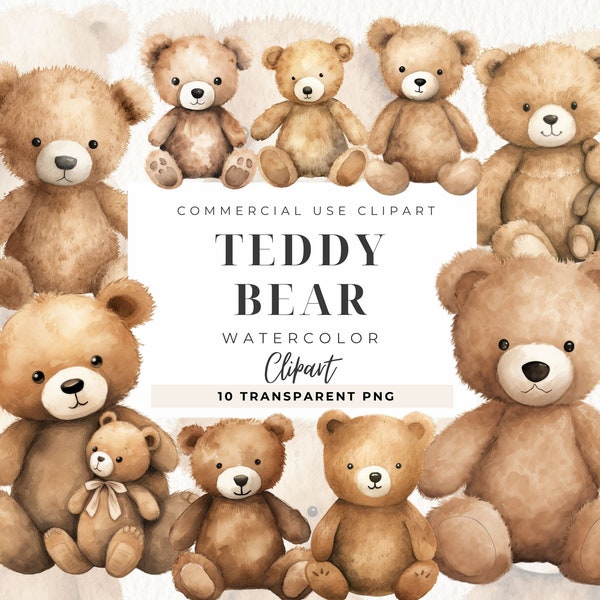 Teddy Bear Watercolor Clipart, Boho Nursery Clip Art, Digital Download, Baby Shower Birthday, Wall Art, Nursery Decor, Commercial Use