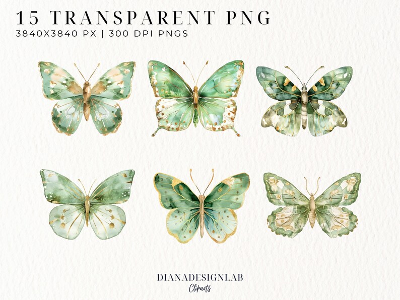 May include: 15 watercolor butterfly illustrations with green and gold accents. The butterflies are isolated on a white background.
