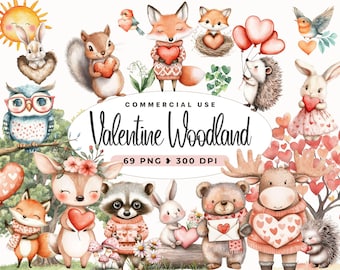 Woodland Valentine Clipart, Animal in Love, Watercolour Valentines Day Animals, Romantic Clip Art, Boho Baby Shower, Nursery Art, Bear, Fox