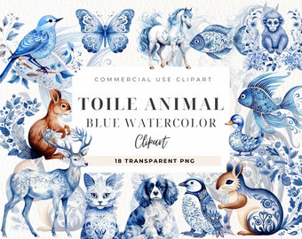 Toile Animal Clipart, Blue Chinoiserie Topiary, Instant Download, Watercolor Squirrel, Blue Decor French, Century Library, Commercial Use