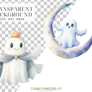 Puede incluir: Dos ilustraciones de acuarela de fantasmas. Un fantasma lleva una corona y una capa. El otro fantasma est&aacute; sentado en una luna creciente.