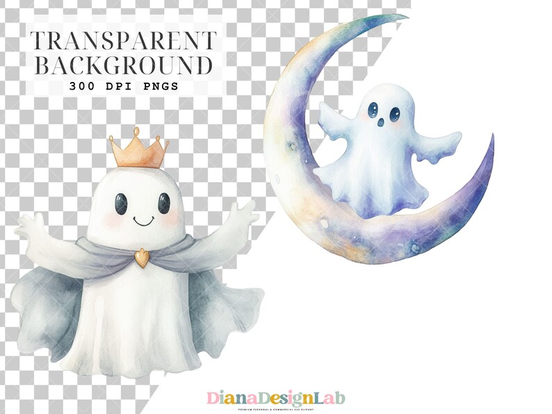 Puede incluir: Dos ilustraciones de acuarela de fantasmas. Un fantasma lleva una corona y una capa. El otro fantasma est&aacute; sentado en una luna creciente.