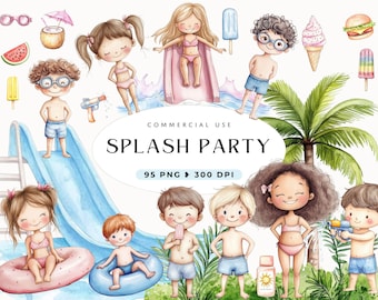 Summer Pool Party Clipart, Fun Cute Kids, Beach Party, Ice Cream, Summer, Popsicle, Birthday Party, Summer Graphic, Floaties, Commercial Use
