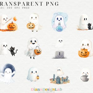 May include: Set of 36 digital illustrations of cute ghosts in various poses for Halloween. The ghosts are white and have black eyes and mouths. They are holding pumpkins, sweets bags, and other Halloween-themed items. The illustrations are perfect for creating Halloween cards, invitations, and other crafts.