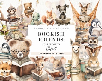 Watercolor Animals Reading Book Clipart, Commercial Use, Booklover Clip Art, Fairytale Reading, Bookish, Nursery Decor, Digital Download