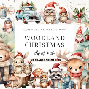 Woodland Christmas Clipart, Paper Crafts, Instant Download, Aquarel Kerstmis, Kerstmis PNG, Bosdieren, Kwekerij Clipart, Commercieel Gebruik