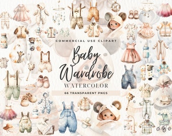 Watercolor Baby Clothes Clipart, Baby Dress, Kids Clip Art, Cradle Png, Nursery Boho Baby Shower, Vintage, Newborn, Boy Girl, Commercial use