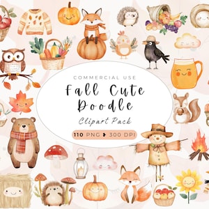 Clipart automne Doodle, clipart animal de chambre d'enfant, Doodle enfant nouveau-né automne, aquarelle pour Thanksgiving, Shower de bébé PNG, enfants, animal mignon