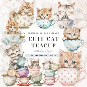 Clipart di tazza da tè gatto, artigianato con la carta, gattino acquerello, uso commerciale, clipart gatto realistico, diario spazzatura, tea party, uso commerciale
