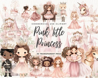 May include: A set of 35 digital illustrations featuring pink princesses, castles, carriages, unicorns, and other fairytale elements. The illustrations are in a watercolour style and are perfect for creating invitations, cards, and other craft projects.