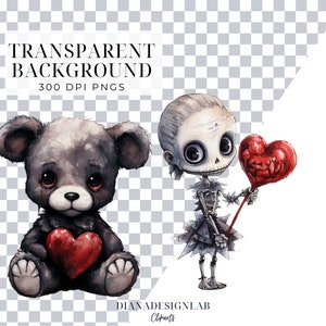 May include: A digital illustration of a gray teddy bear holding a red heart and a skeletal figure with a red heart balloon. Both figures have large eyes and are drawn in a whimsical style.