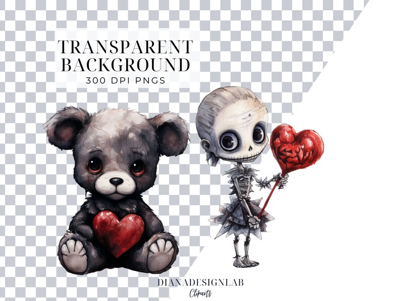 May include: A digital illustration of a gray teddy bear holding a red heart and a skeletal figure with a red heart balloon. Both figures have large eyes and are drawn in a whimsical style.