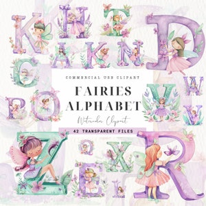 Clipart Alphabet de fées, graphiques de l'alphabet de fées, lettres de conte de fées clipart, polices de caractères Fantasy anglais, aquarelle, de A à Z, invitation de fille