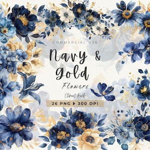 Clipart floral azul marino y dorado, ramo floral, chinoiserie azul, invitación de boda, gráfico de sublimación, flores de acuarela, uso comercial