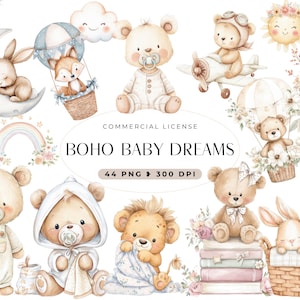 Clipart de baby shower bohemio, baby shower de niño, guardería bohemia, clipart de osito de acuarela, flores y juguetes bohemios, avión PNG, uso comercial