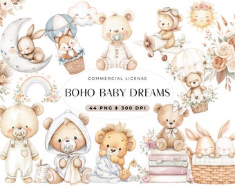 Watercolor Teddy Bear Clipart: Boho Baby Shower PNG Graphics (Commercial Use, Digital Download)