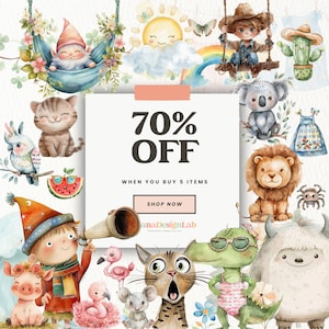 May include: A watercolor illustration featuring a variety of cute animals, including a cat, a koala, a lion, a yeti, a flamingo, a mouse, a gnome, a crocodile, and a spider. The illustration also includes a sun, a rainbow, a cactus, a watermelon, and a gnome with a trumpet. The text "70% OFF" is displayed in the center of the image, with the words "When you buy 5 items" and "Shop Now" below it. The text "anaDesignLab" is displayed in the bottom right corner of the image.