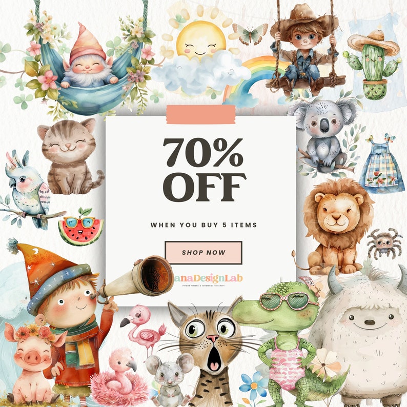 May include: A watercolor illustration featuring a variety of cute animals, including a cat, a koala, a lion, a yeti, a flamingo, a mouse, a gnome, a crocodile, and a spider. The illustration also includes a sun, a rainbow, a cactus, a watermelon, and a gnome with a trumpet. The text "70% OFF" is displayed in the center of the image, with the words "When you buy 5 items" and "Shop Now" below it. The text "anaDesignLab" is displayed in the bottom right corner of the image.