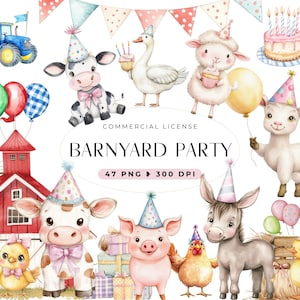 Clipart de aniversário de fazenda em aquarela, convite de aniversário de fazenda, PNG de chá de bebê, animais fofos, clipart de festa infantil, uso comercial