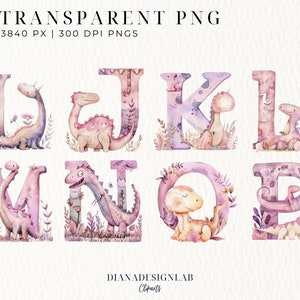 May include: Watercolor illustrations of the alphabet letters L through P with cute dinosaurs in pink, purple, and yellow colors. Each letter is surrounded by watercolor flowers and leaves.