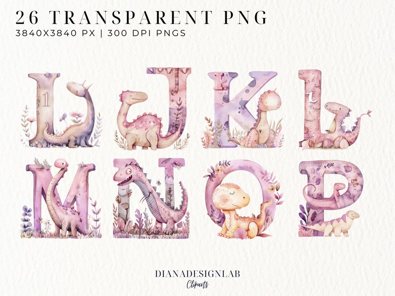 May include: Watercolor illustrations of the alphabet letters L through P with cute dinosaurs in pink, purple, and yellow colors. Each letter is surrounded by watercolor flowers and leaves.